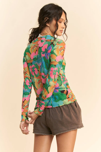 Plus - Vibrant Floral Print Mesh Long Sleeve Top: Pink Multi / 1XL