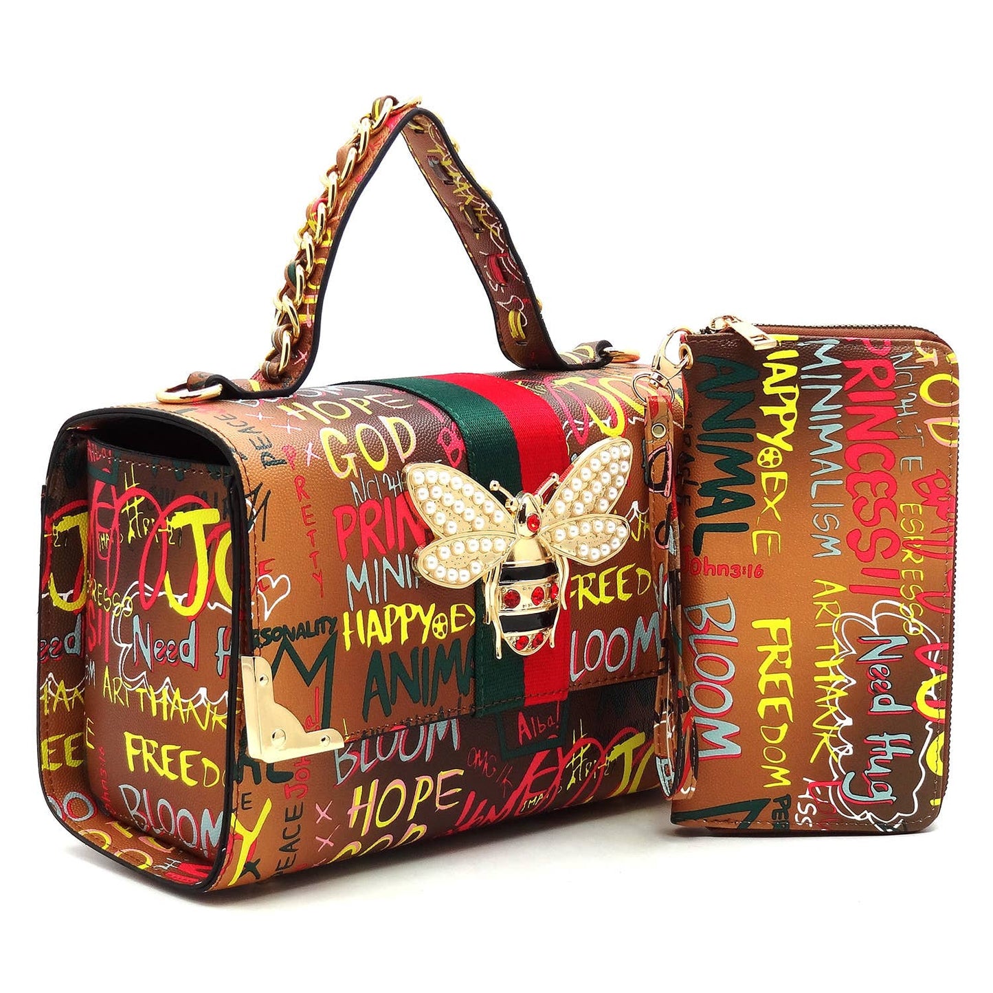 GP2728W Multi Graffiti Queen Bee Stripe 2-in-1 Boxy Satche: Green