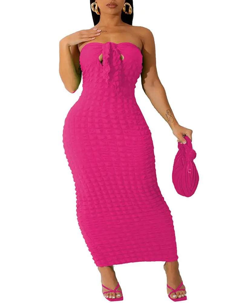 Bandeau tied detail bubble textured maxi dress: HOT PINK / 1-1-1-1 / S-M-L-XL