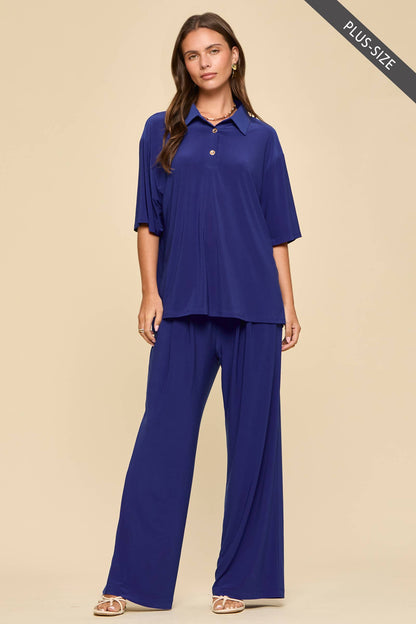 PLUS SIZE 2-Piece Blouse + Relaxed Pants Resort Wear Set: AQUA MINT / XL