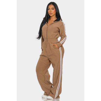 Striped Zip Up Hooded Jumpsuit: GREEN / S-M-L(2-2-2)