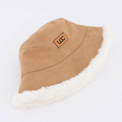 Fleece Trim Suede Bucket Hat With Logo Patch: BG