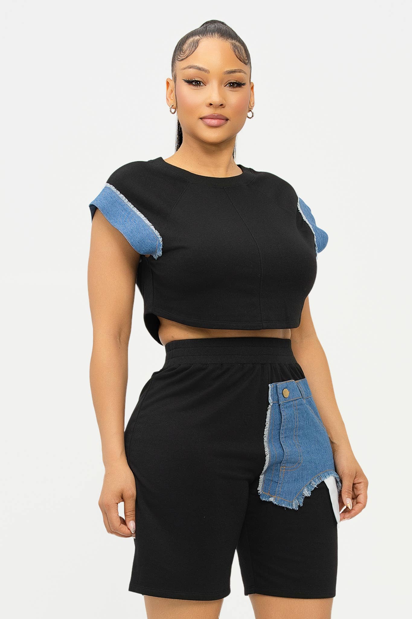 Color Block Denim Sleeve Top And Biker Shorts Set: Fuchsia-Denim / 1-2-2-1 (S-M-L-XL)