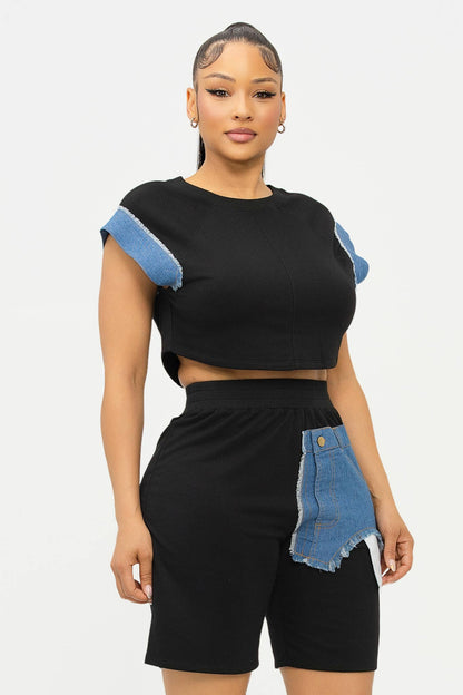 Color Block Denim Sleeve Top And Biker Shorts Set: Fuchsia-Denim / 1-2-2-1 (S-M-L-XL)