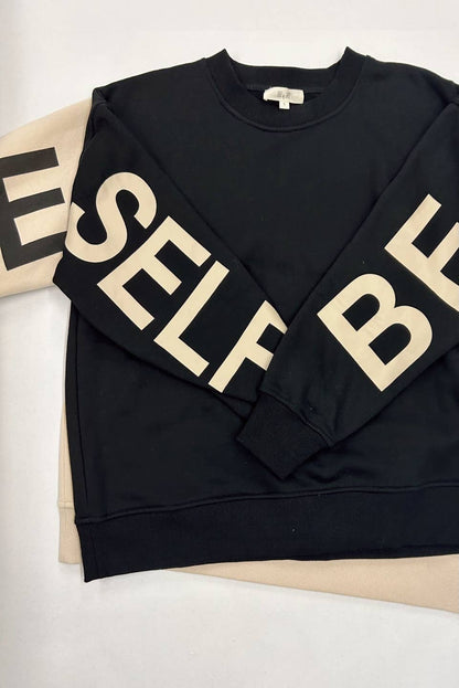 Be Yourself Love Yourself Printed Oversized Sweatshirt: OLIVE / L