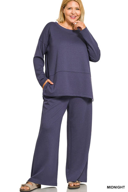 Plus Scuba Side Slit Top & Pants 2PC Set: +HUNTER GREEN-203717 / 3X