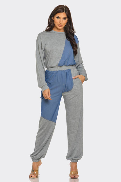 French Terry Color Block Denim Detail Top Pockets Pants Set: Black / 2-2-2 (S-M-L)