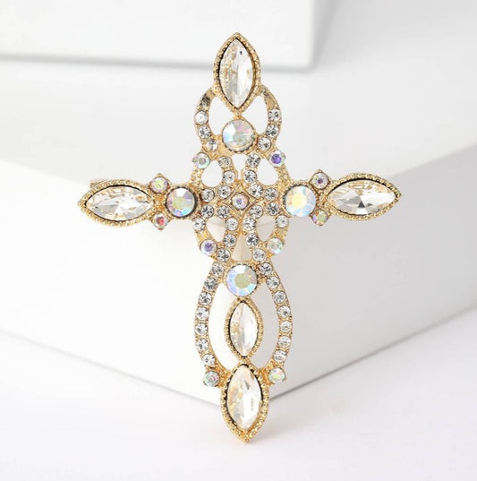 Encrusted Gold Transparent Cross Brooch
