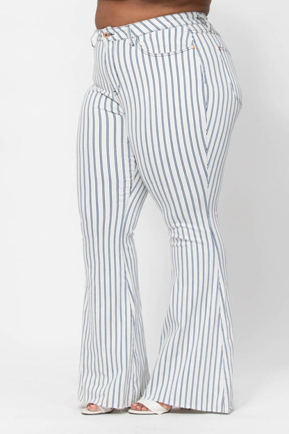 HI-WAIST SUPER FLARE WHITE PIN STRIPE - PLUS: WHT / 14W