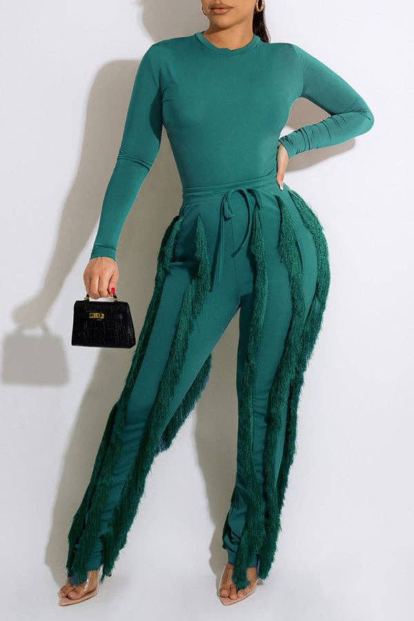 MB FASHION Long-Sleeve Fringe Top and Pants Set 223LY: BLUE / M