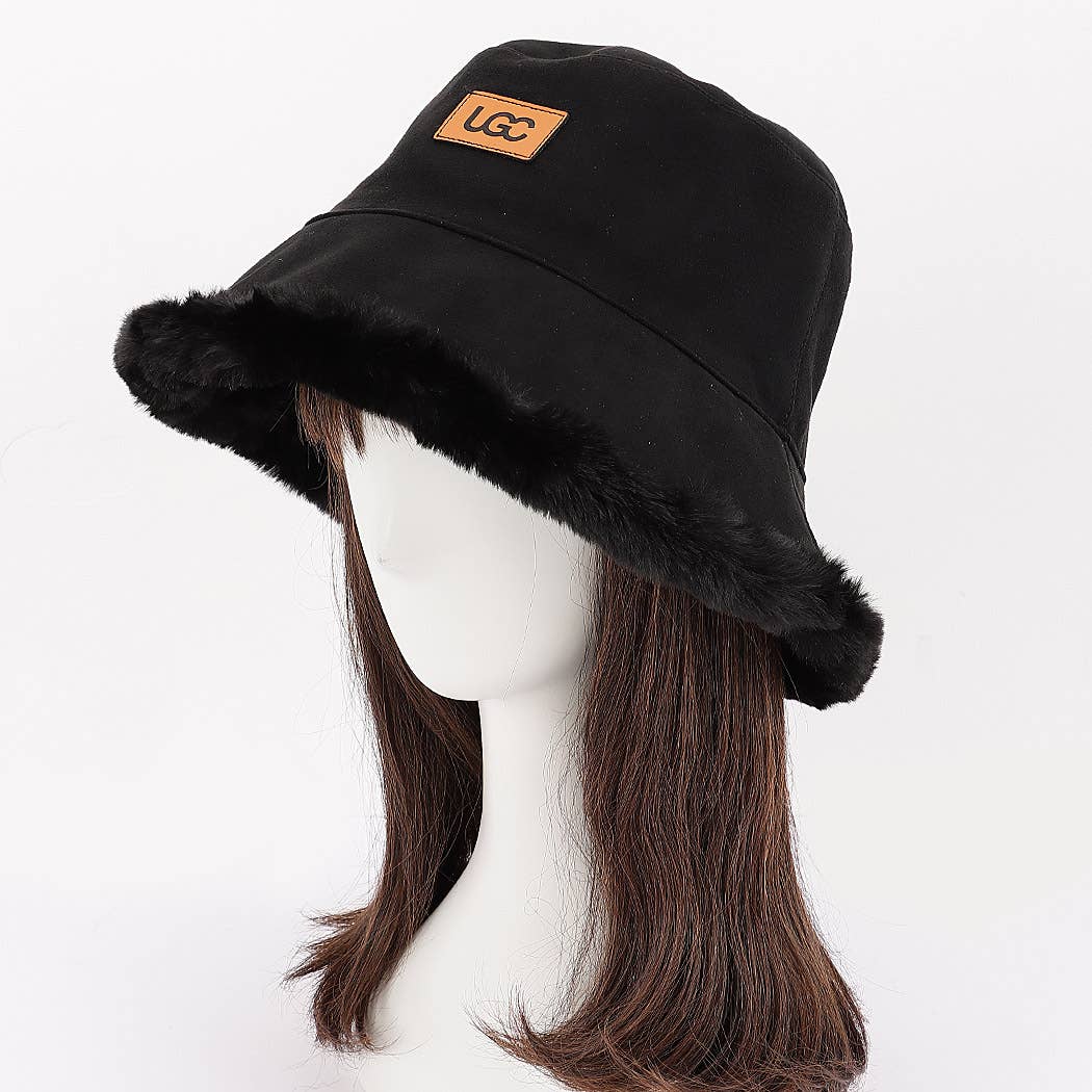 Fleece Trim Suede Bucket Hat With Logo Patch: BG