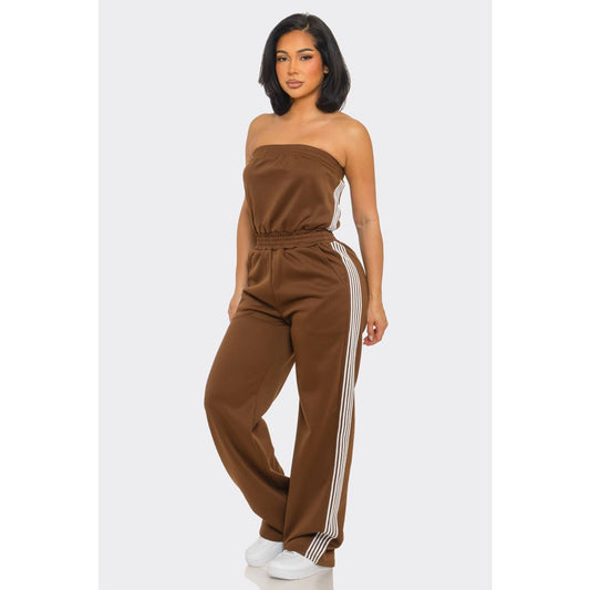 Side Stripe Jumpsuit: MOCHA / S-M-L(2-2-2)