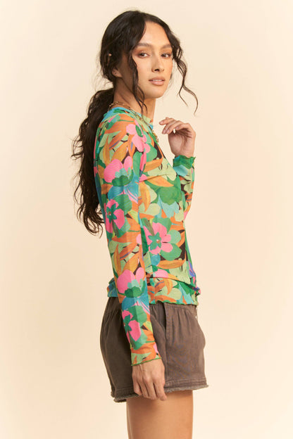 Plus - Vibrant Floral Print Mesh Long Sleeve Top: Pink Multi / 3XL