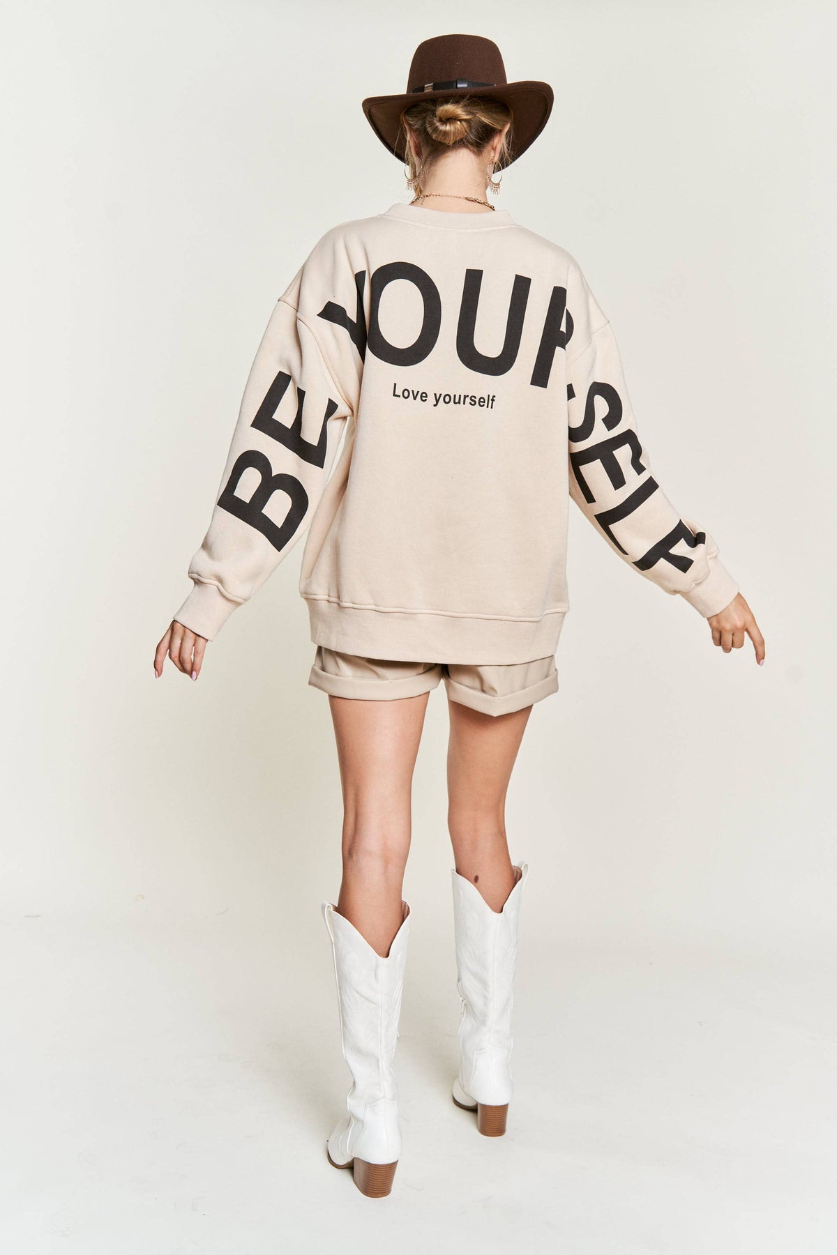 Be Yourself Love Yourself Printed Oversized Sweatshirt: OLIVE / S
