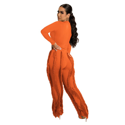 MB FASHION Long-Sleeve Fringe Top and Pants Set 223LY: BLUE / M