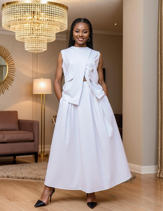 26007 - Women's Top & Skirt  2-Pcs Set - $25 Each (3-Pcs Pre Pack): White / (M-L-1X) 3-Pcs