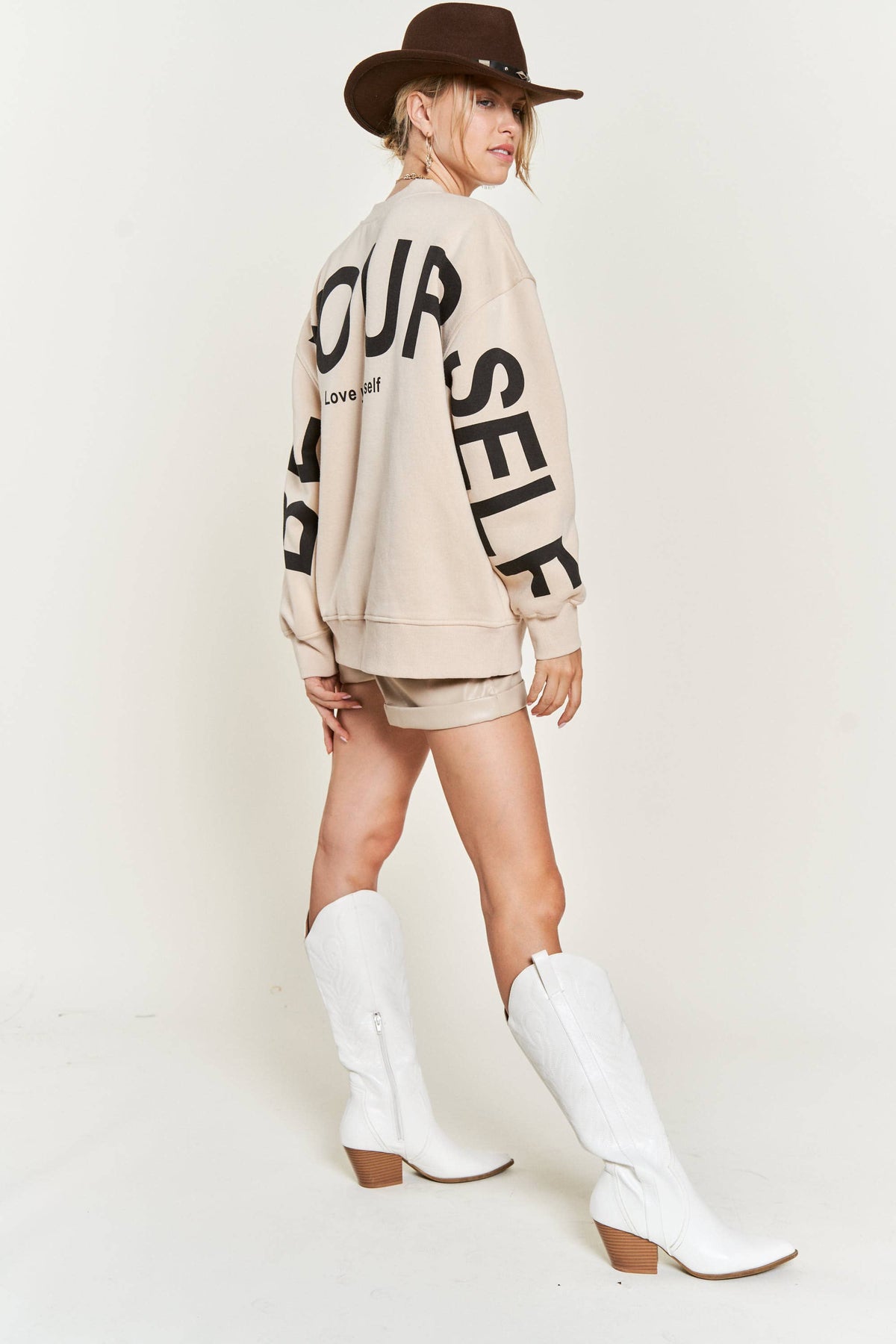 Be Yourself Love Yourself Printed Oversized Sweatshirt: OLIVE / L
