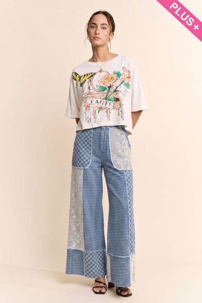 Plus - Checkered Denim Lace Patch Wide-Leg Pants: LIGHT DENIM MULTI / 1XL-2XL-3XL(3-2-1)