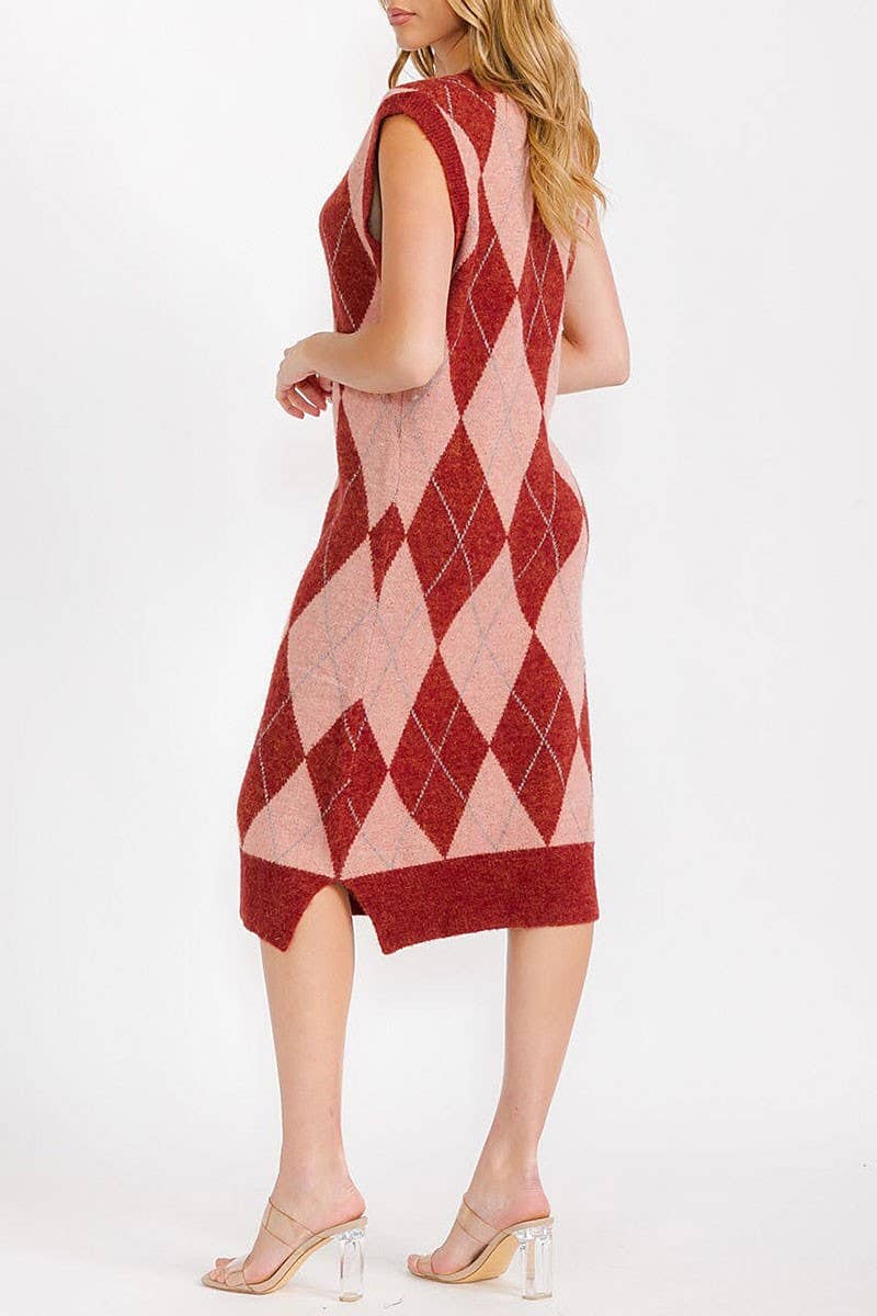 PRINTED COLOR BLOCK V NECK MIDI DRESS: BRICK / L