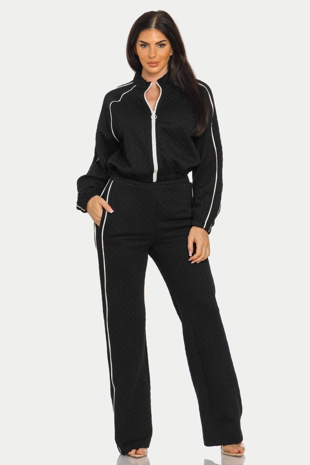Pipping Stripes Front Zip Up Jacket And Pants Set : Cream / 1-2-2-1 (S-M-L-XL)