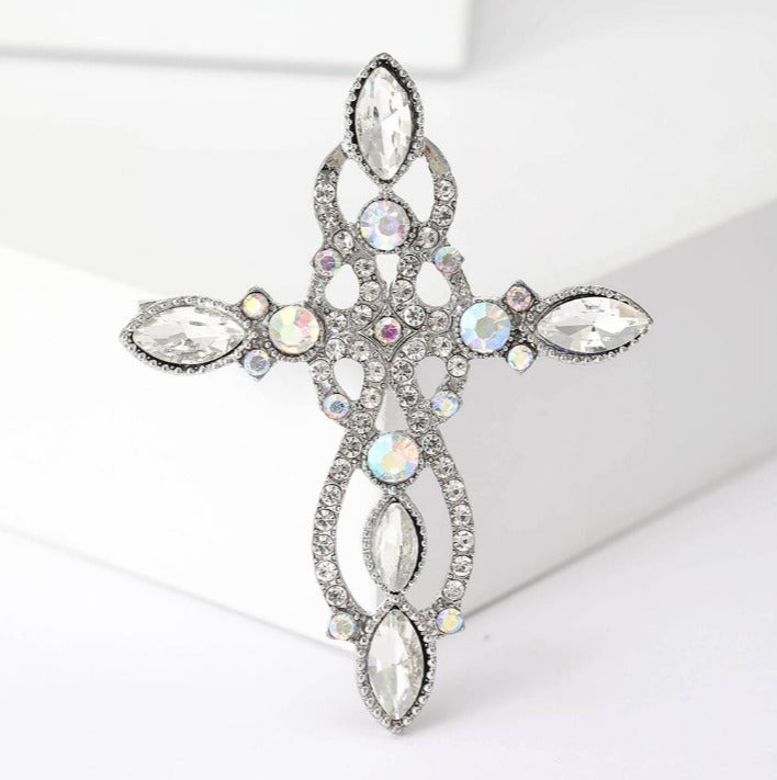 Encrusted Silver Cross Brooch