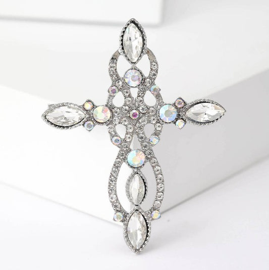 Encrusted Silver Cross Brooch