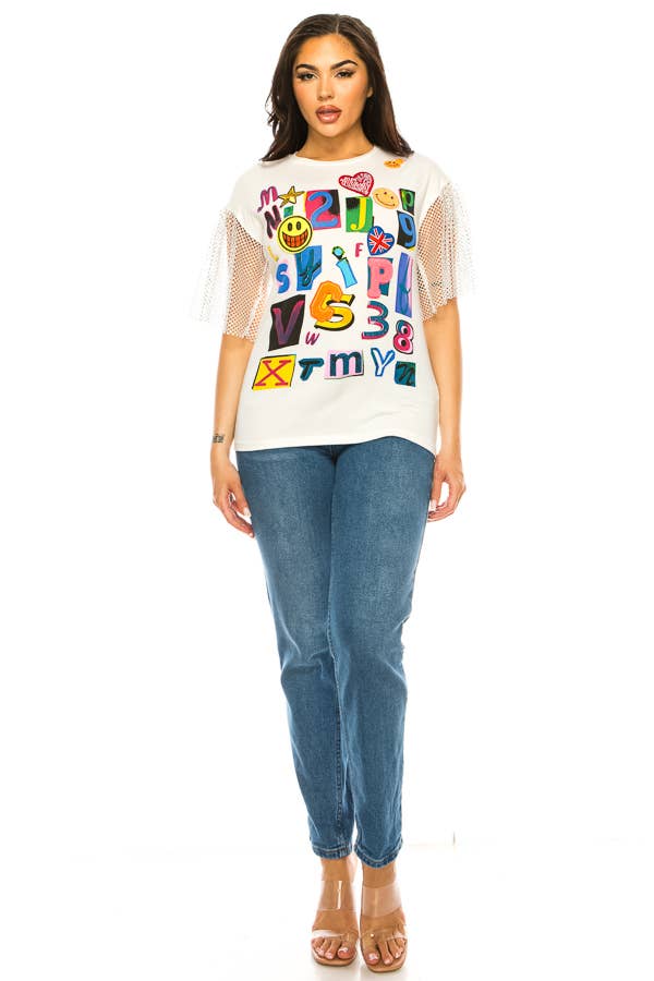 (ST2736)Fishnet Sleeves Mosaic T-shirts: White / S