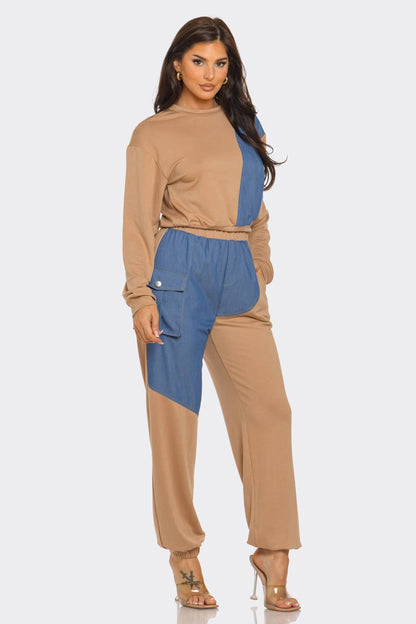French Terry Color Block Denim Detail Top Pockets Pants Set: Black / 2-2-2 (S-M-L)