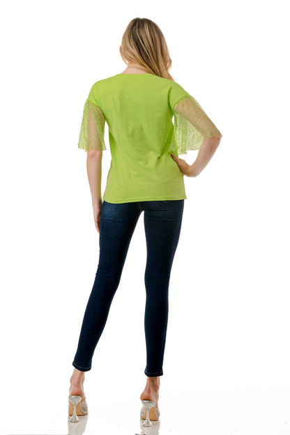 (ST2736)Fishnet Sleeves Mosaic T-shirts: Green / S