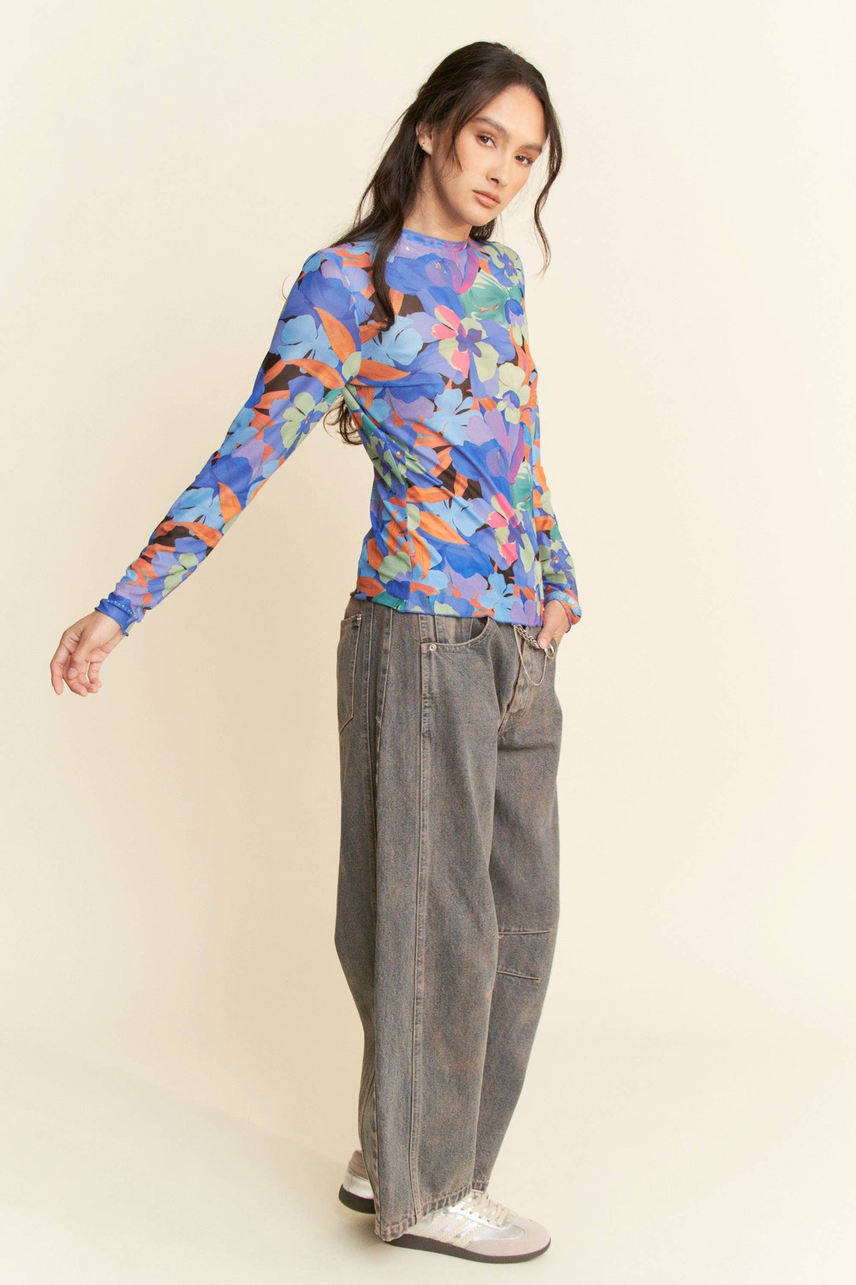 Plus - Vibrant Floral Print Mesh Long Sleeve Top: Pink Multi / 3XL