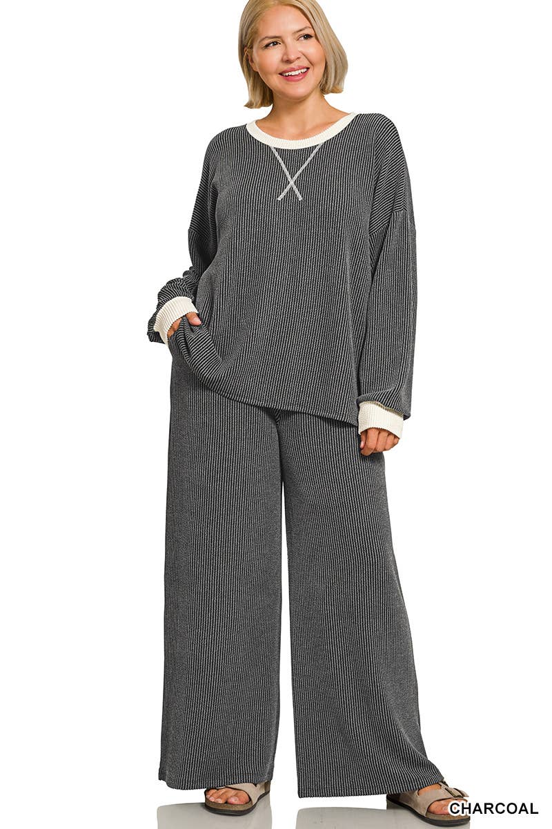 Plus Raised Rib Round Neck Pullover & Pants 2PC Set: +HUNTER GREEN-205253 / 2X