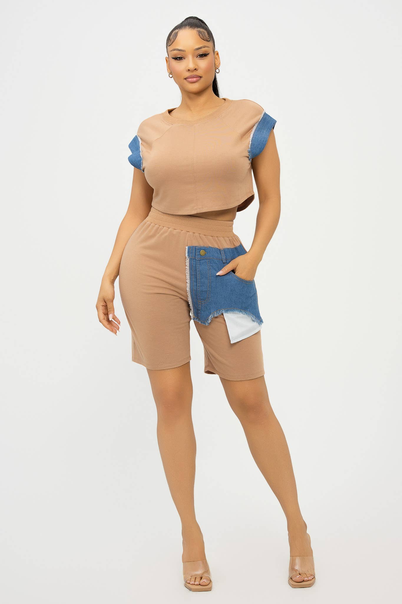Color Block Denim Sleeve Top And Biker Shorts Set: Mocha-Denim / 1-2-2-1 (S-M-L-XL)