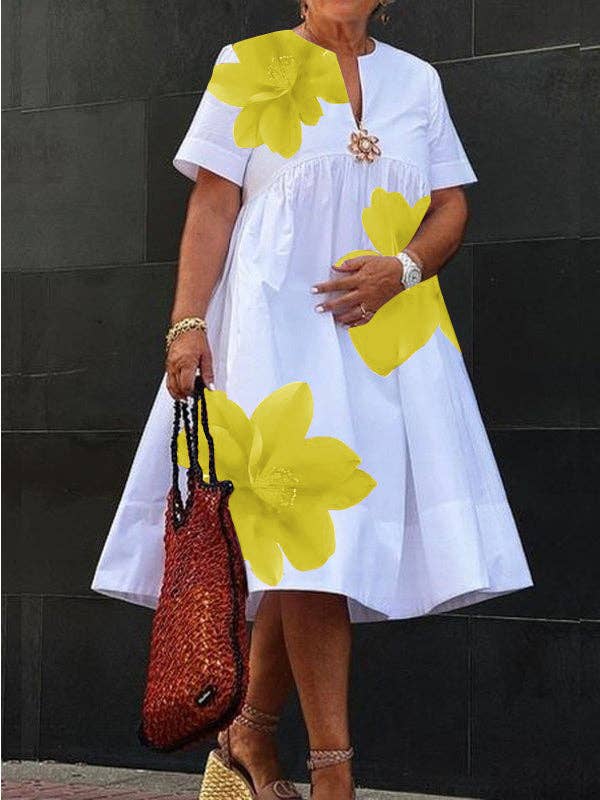 A-Line Loose Flower Print Pleated V-Neck Midi Dresses: GREEN / L