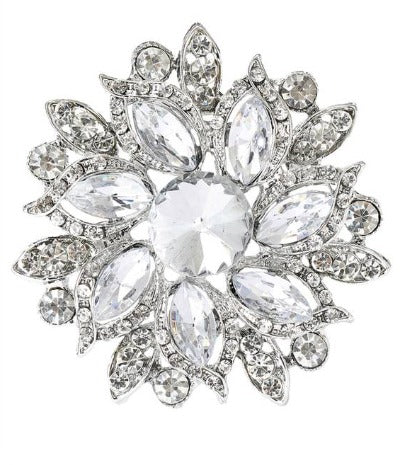 Encrusted Transparent Silver Round Brooch