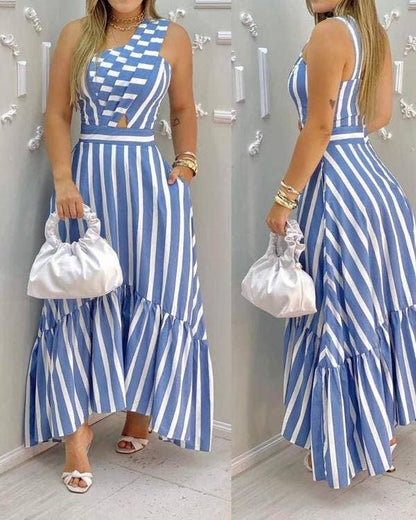 One shoulder striped colorblock casual dress: ORANGE / 1-1-1-1 / S-M-L-XL