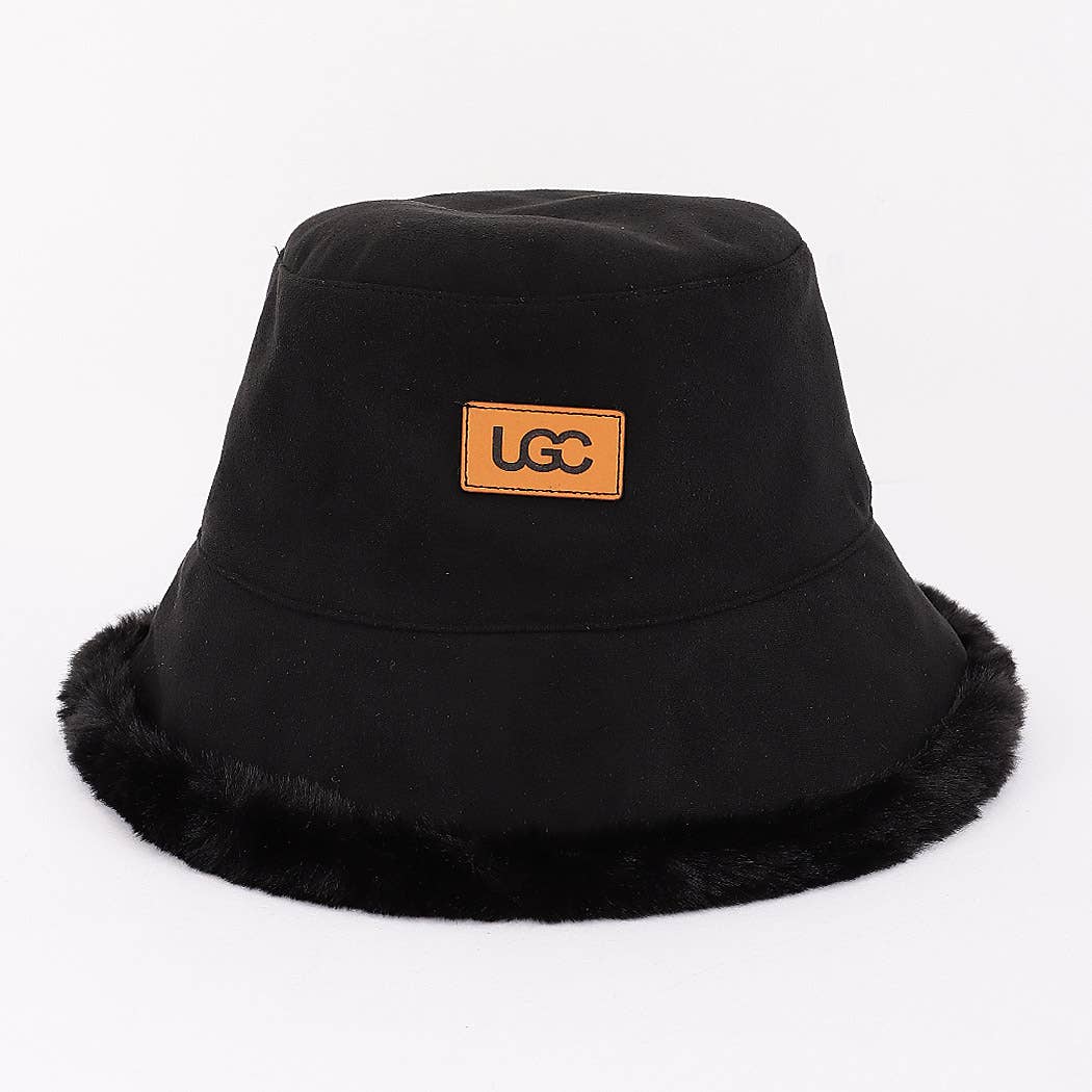 Fleece Trim Suede Bucket Hat With Logo Patch: BG