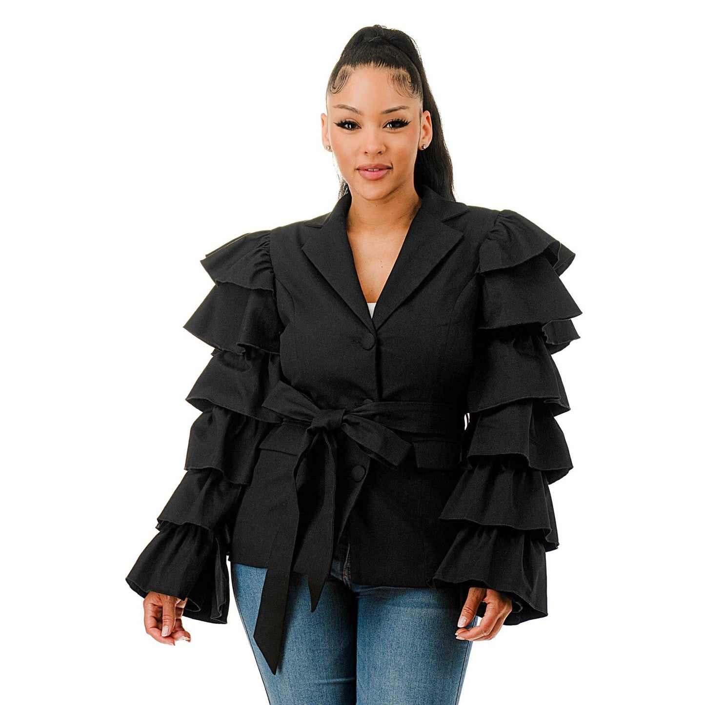 Plus Layered Ruffle Sleeve Waist Tie Blazer Jacket: OLIVE / 1XL-2XL-3XL(1-1-1)