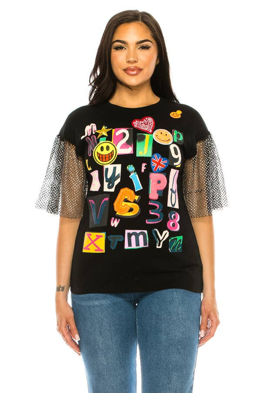 (ST2736)Fishnet Sleeves Mosaic T-shirts: Black / L