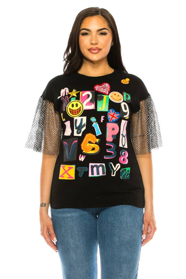 (ST2736)Fishnet Sleeves Mosaic T-shirts: Green / S