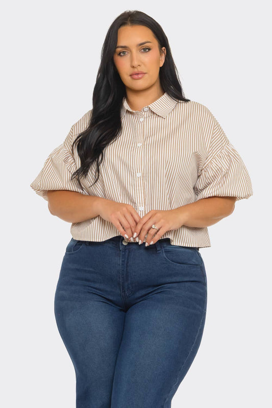 Plus Size Stripe Button Down Bubble Sleeve Shirts Crop Top : Mocha / 2-2-2 (1XL-2XL-3XL)