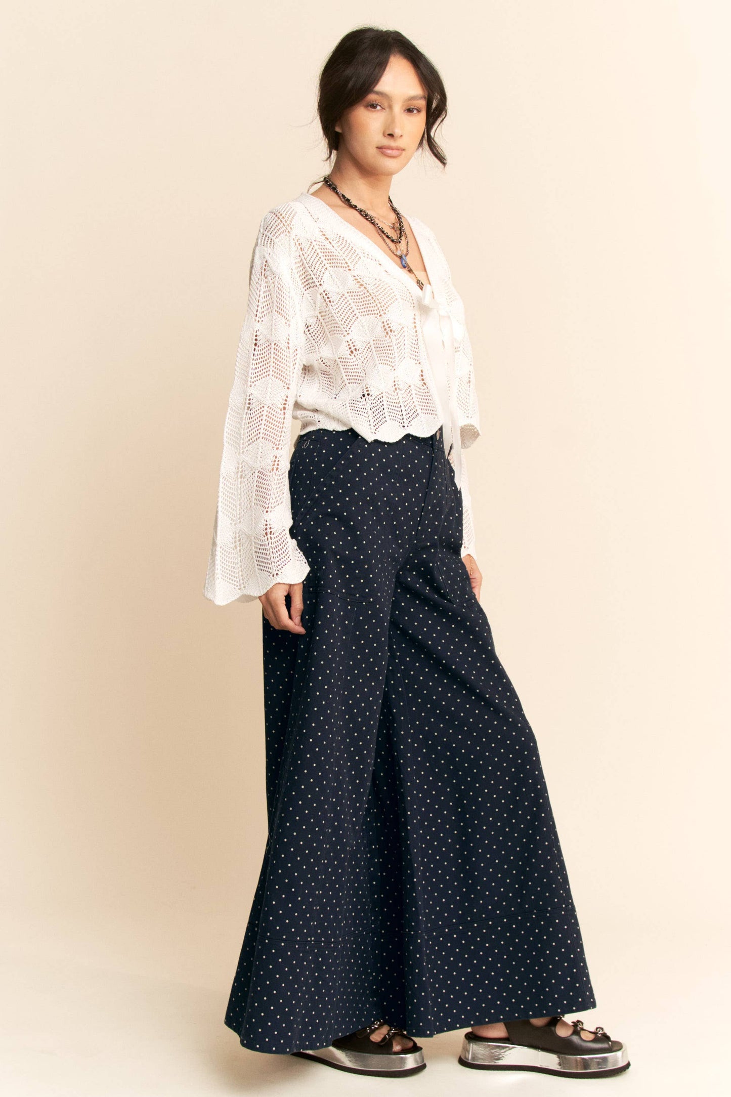 Plus - Washed Floral Print Wide-Leg Pants: NAVY DOT / 3XL