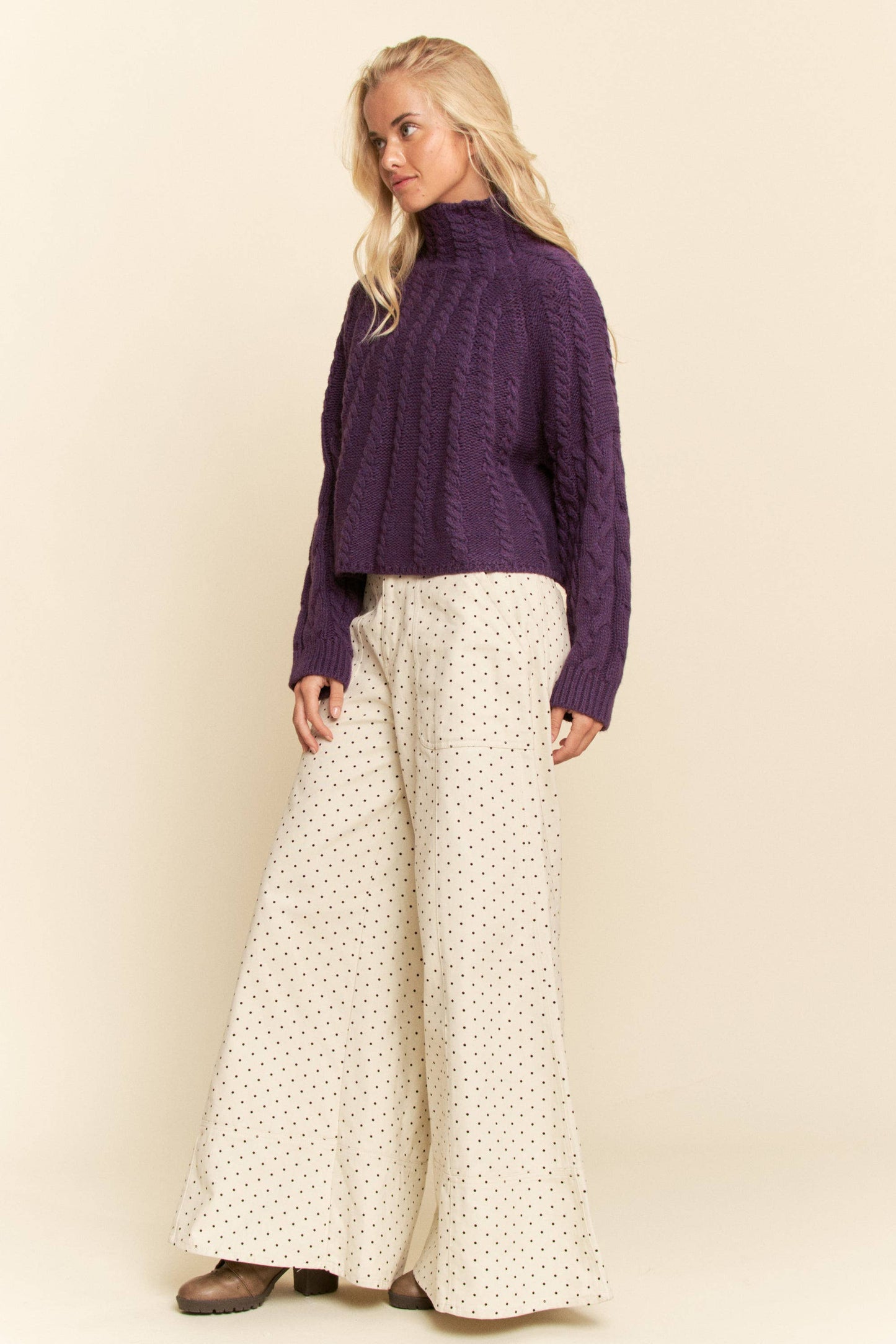 Plus - Washed Floral Print Wide-Leg Pants: NAVY DOT / 1XL