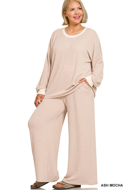 Plus Raised Rib Round Neck Pullover & Pants 2PC Set: +GREY-205252 / 3X