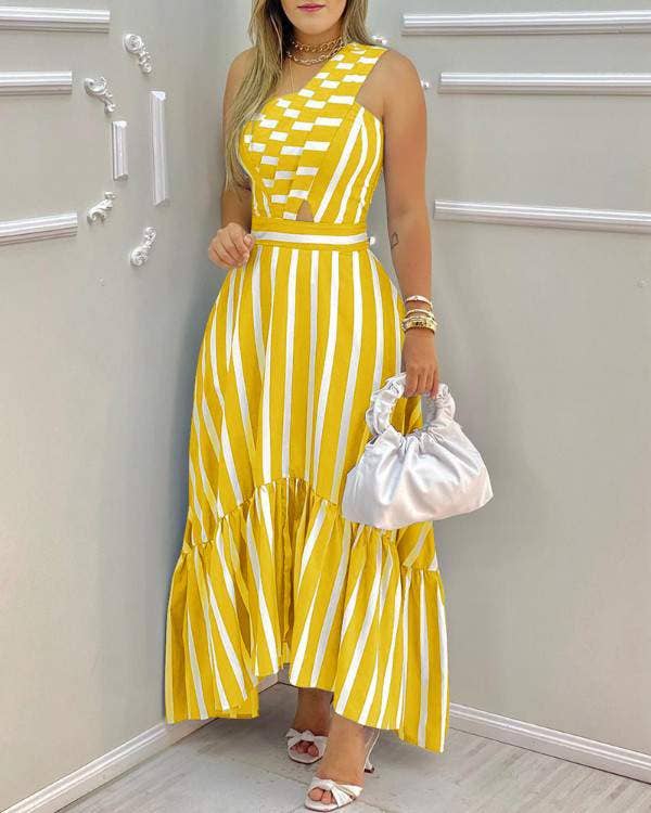 One shoulder striped colorblock casual dress: ORANGE / 1-1-1-1 / S-M-L-XL