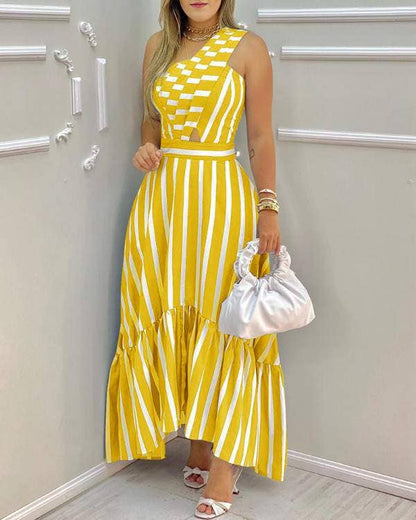 One shoulder striped colorblock casual dress: ORANGE / 1-1-1-1 / S-M-L-XL