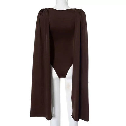 MB FASHION Draped Cape Sleeve Bodysuit 670: BURGUNDY / M