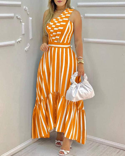 One shoulder striped colorblock casual dress: ORANGE / 1-1-1-1 / S-M-L-XL