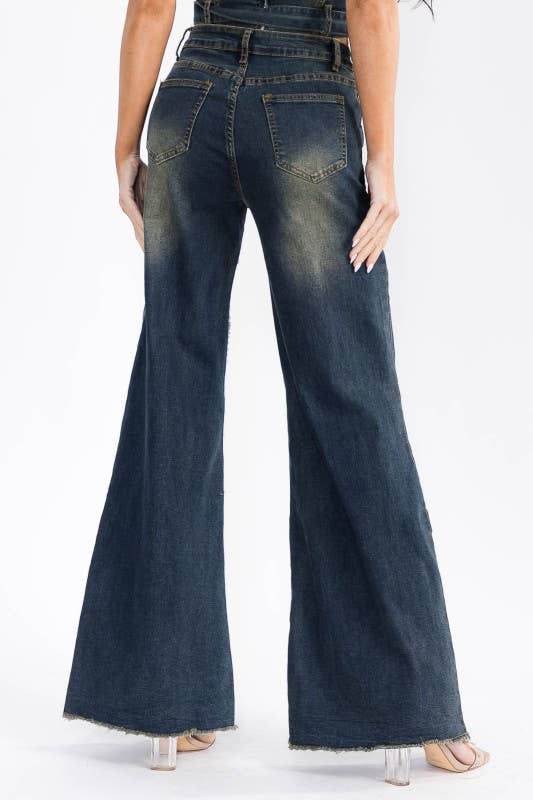 Plus Size Denim Jeans Pockets Baggy Wide Legs Pant: Denim / 3XL