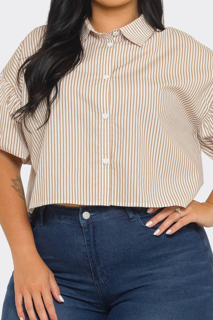 Plus Size Stripe Button Down Bubble Sleeve Shirts Crop Top : Mocha / 2-2-2 (1XL-2XL-3XL)