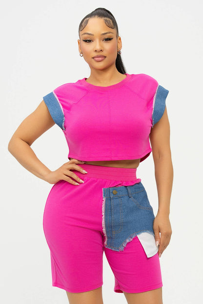 Color Block Denim Sleeve Top And Biker Shorts Set: Fuchsia-Denim / 1-2-2-1 (S-M-L-XL)